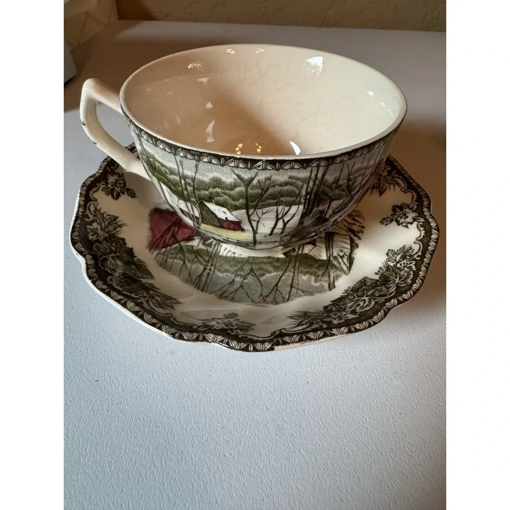 Vintage Set of 2 Johnson Bros Friendly Village Teacup Saucer Ice House England